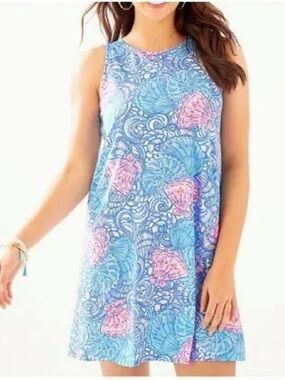 NWOT Lilly Pulitzer Kristen Swing Dress M Blue Pink Shell Print Criss Cross Back